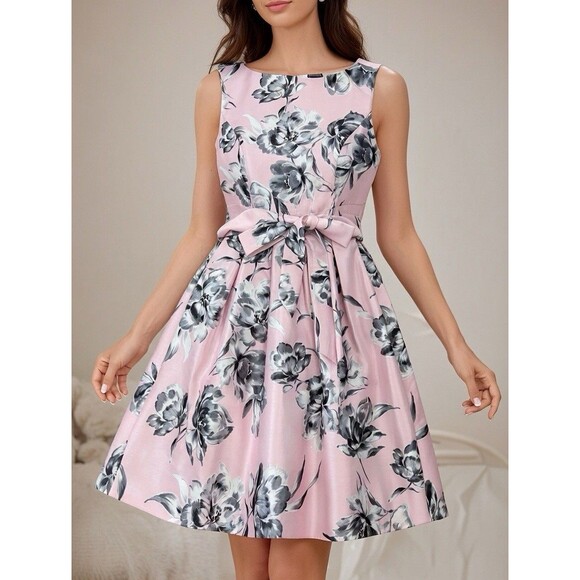 JH Dresses & Skirts - JH Dress Womens 16 Pink Floral Fit & Flare Sleeveless Belted Party Cocktail